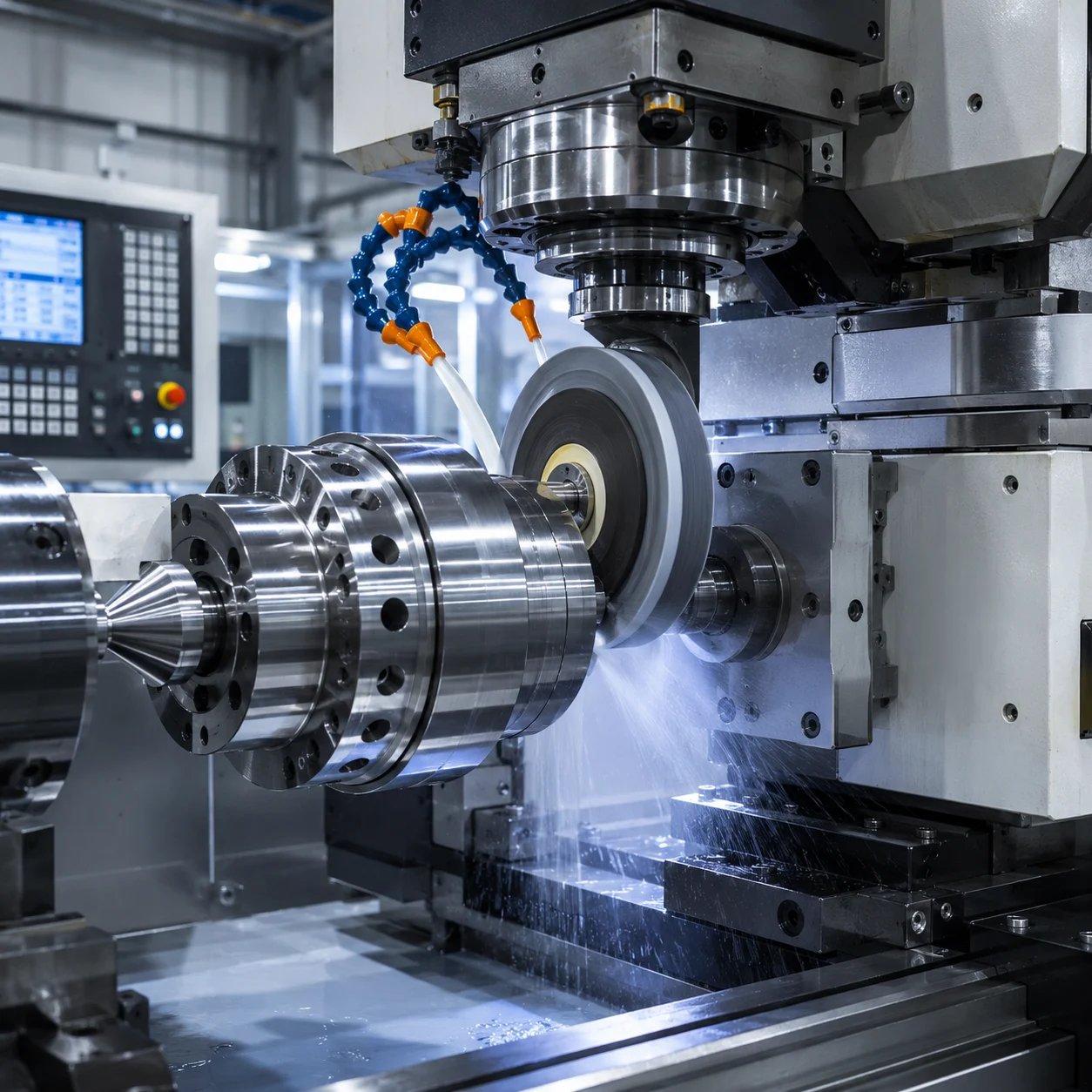 High-precision CNC grinding machine operating on a metal workpiece