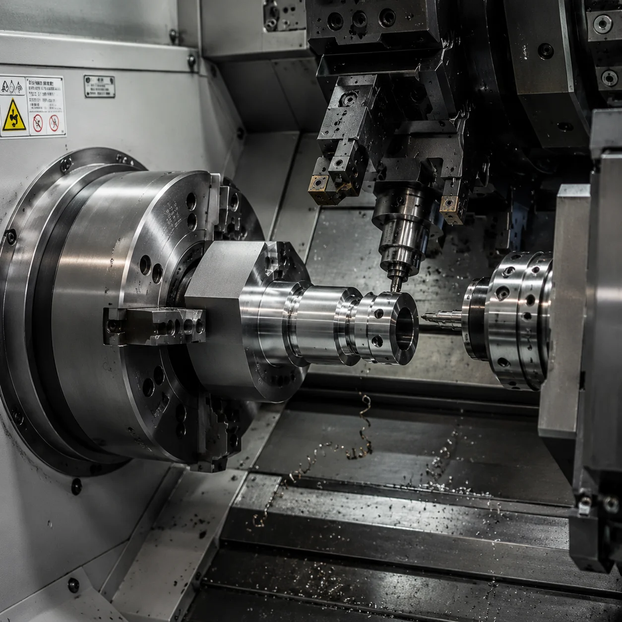 High-precision CNC lathe machining center deploying live tooling on a custom metal component