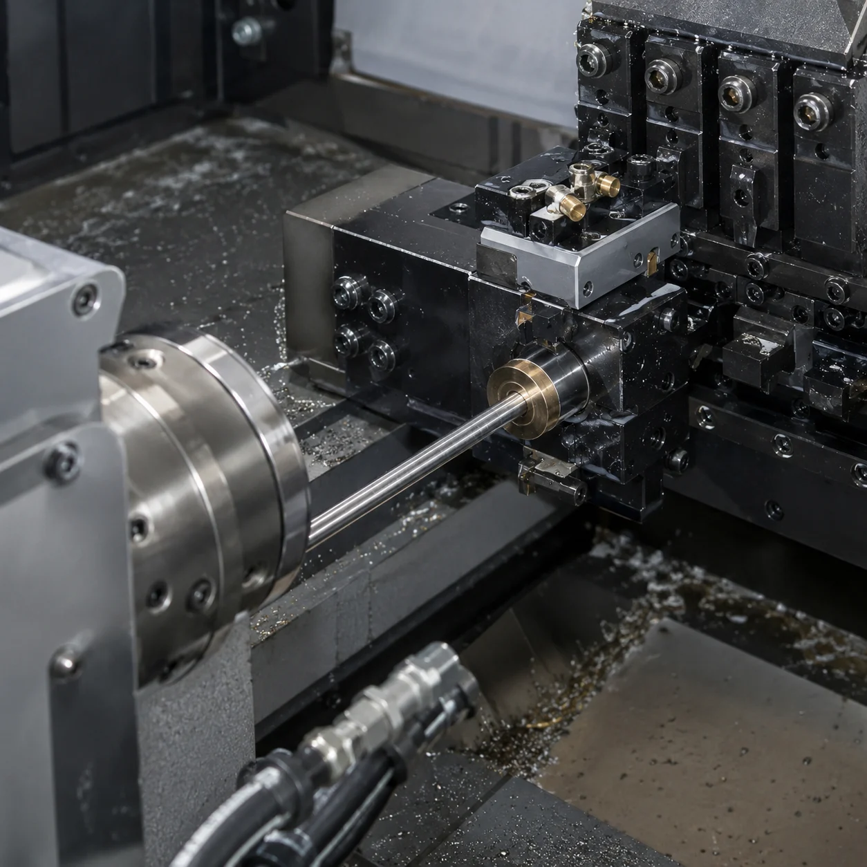 Torno CNC suíço com cabeça deslizante e sistema de suporte de guia de bucha