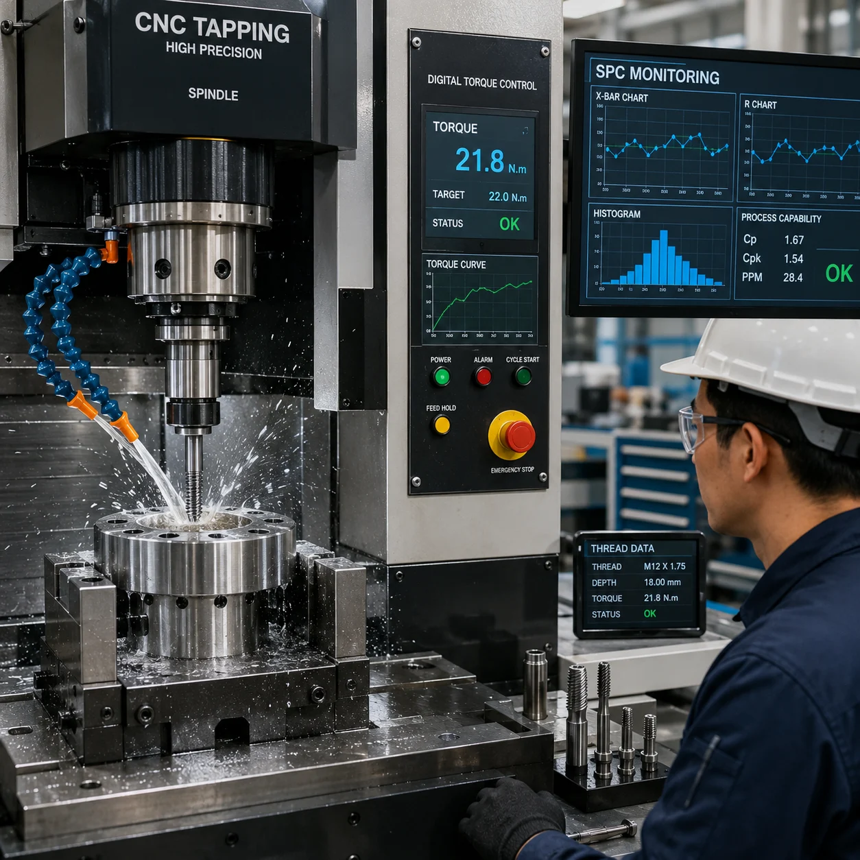 Diagrama de fluxo do processo de roscagem CNC mostrando avaliação de material, configuração de fixação, testes piloto, produção com inspeção inline, desbarba e verificação final de qualidade
