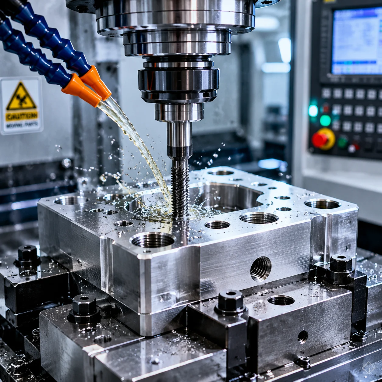 Máquina de roscagem CNC industrial de alta velocidade processando um componente de precisão