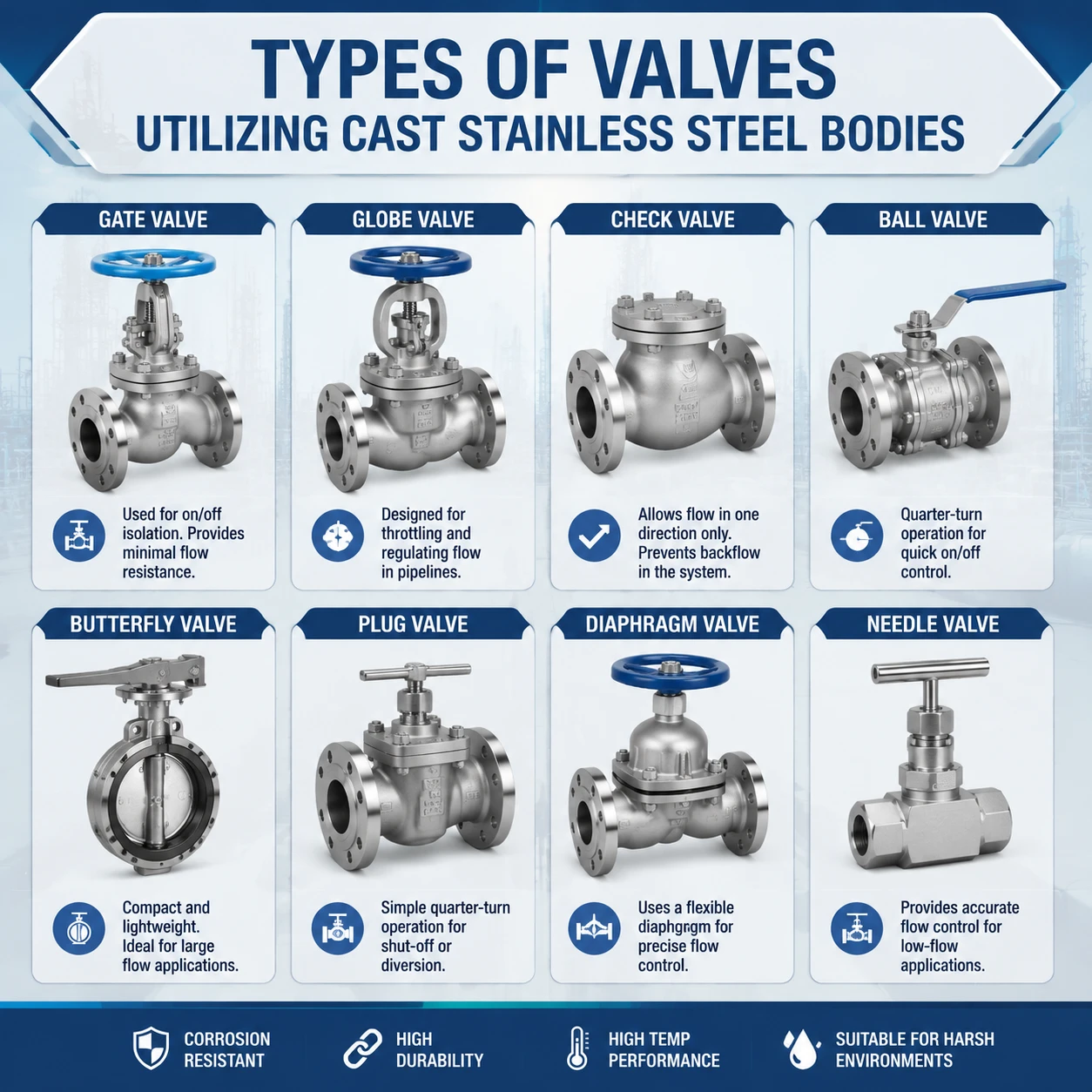 Types de vannes utilisant des corps en acier inoxydable moulé